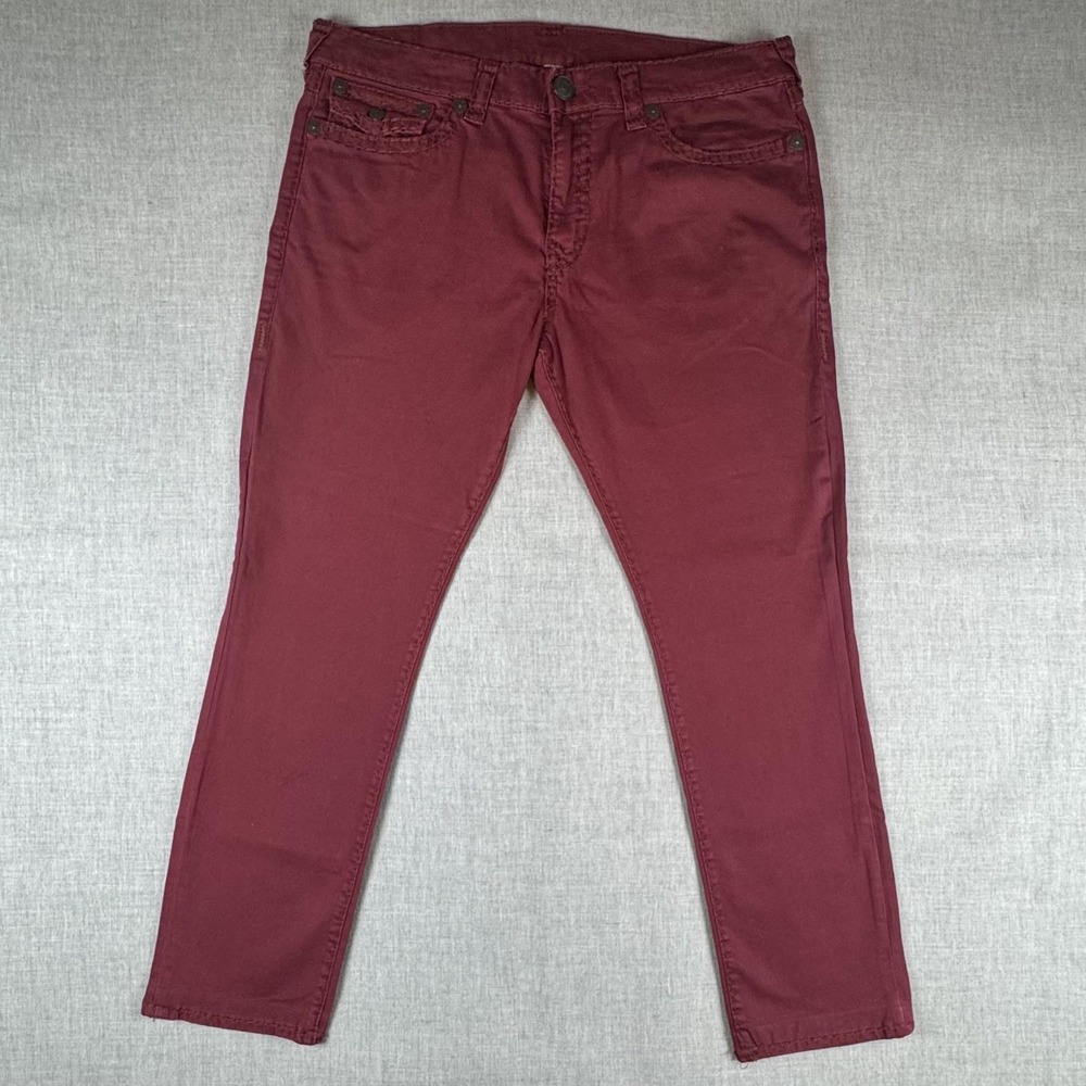 True Religion Geno Relaxed Slim Jeans Mens 40x31 Red Burgundy Stretch Denim